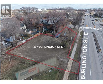An aerial view of a property at 487 Burlington St E with a red outline.
