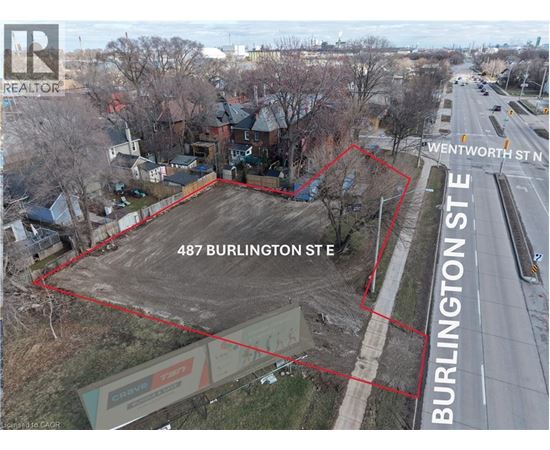 An aerial view of a property at 487 Burlington St E with a red outline.