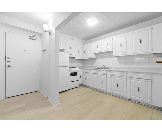 A white kitchen with wooden floors and white cabinets.