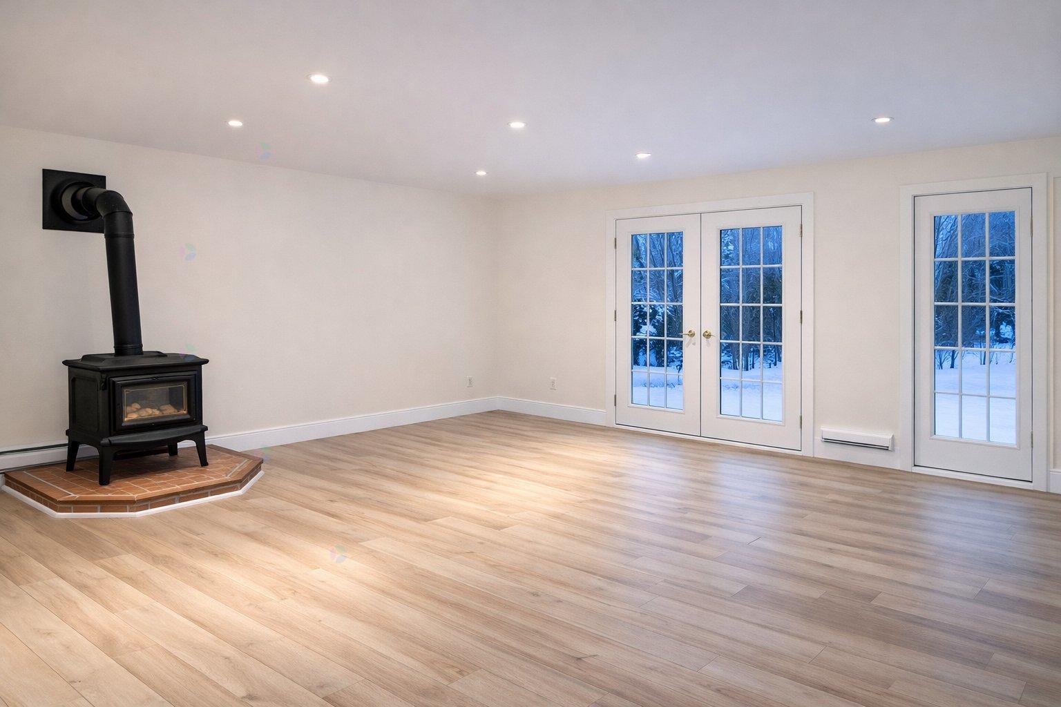 A wood stove is in a corner of a room with hardwood floors and white walls.