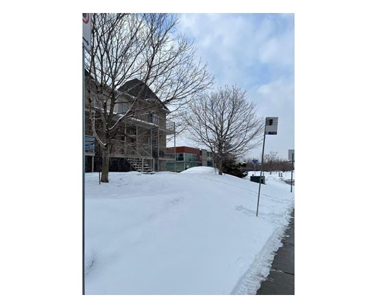 A snow-covered ground with a building in the background.