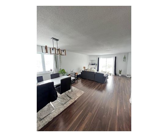 A living room with a grey couch and a wooden floor.