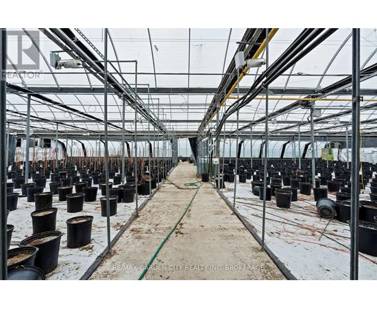A greenhouse with many pots and a hose in the middle.