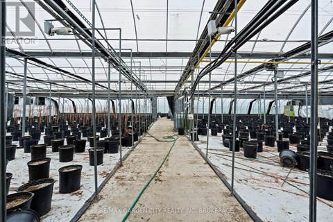 A greenhouse with many pots and a hose in the middle.