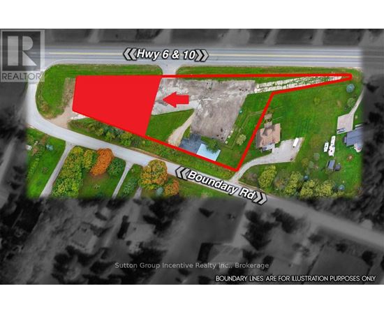 A map shows a red area in the middle of a green space, with boundary lines and street names.