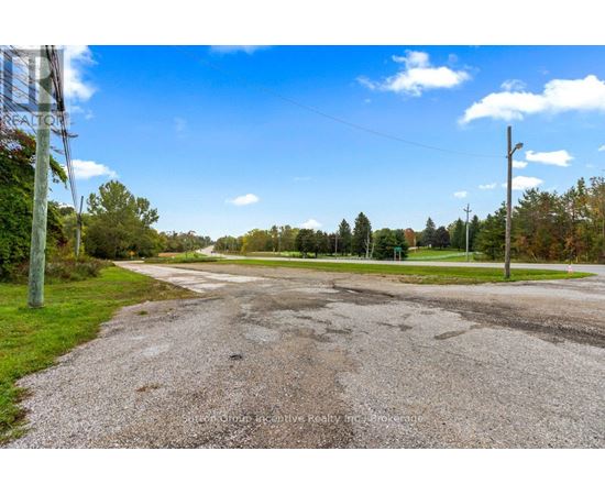 A gravel road leads to a grassy area with trees in the distance.