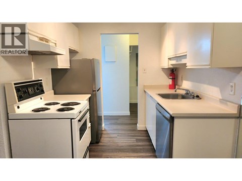 A kitchen with a stove, sink, and cabinets.