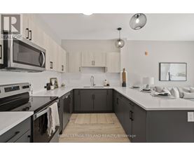 A modern kitchen with a white countertop and dark cabinets.
