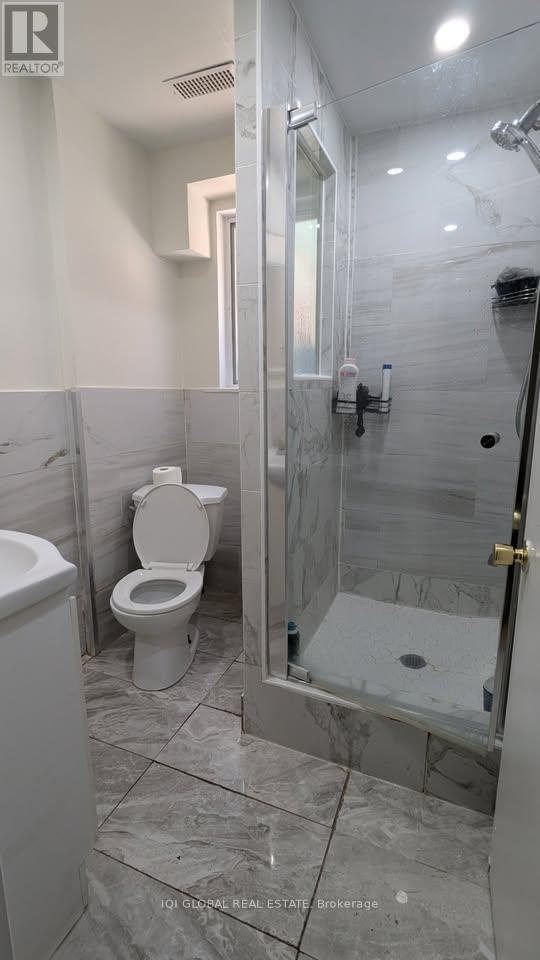A bathroom with a toilet, sink, and walk-in shower.