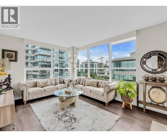 A well-lit living room with a large window and a view of a cityscape.