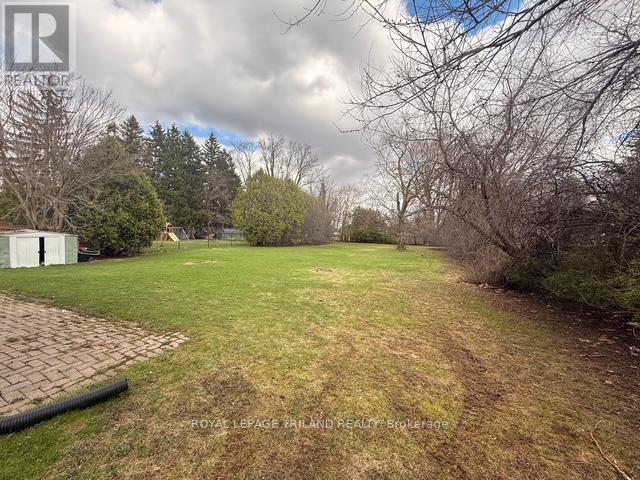 A backyard with a grassy area, a tree, and a white fence.