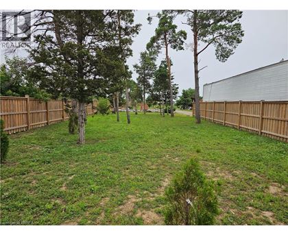 A backyard with a fence and trees.