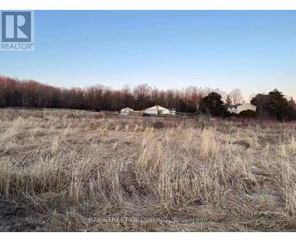 A field with dry grass and a few buildings in the distance.