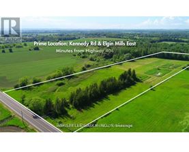 An aerial view of a green field with a road running through it and text indicating the prime location and distance from Highway 404.