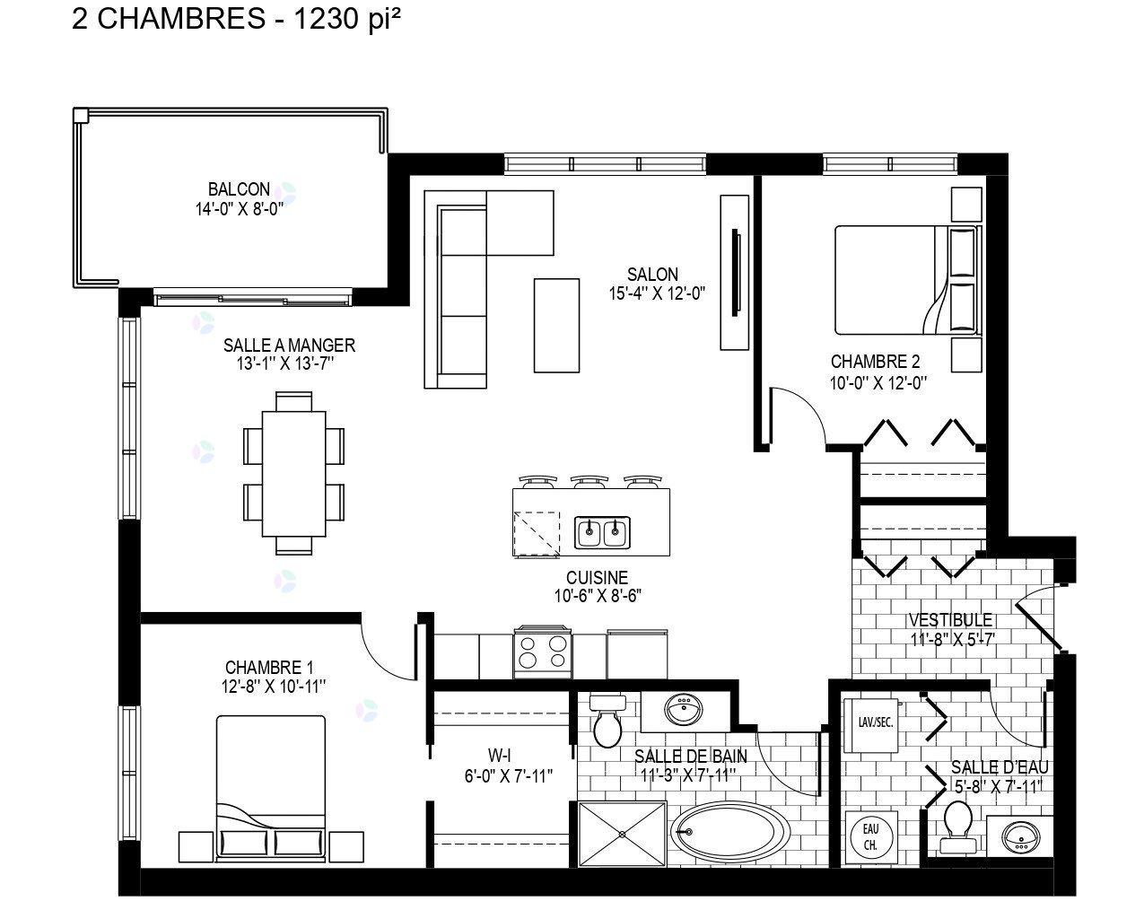 A black and white image of a two bedroom apartment layout.