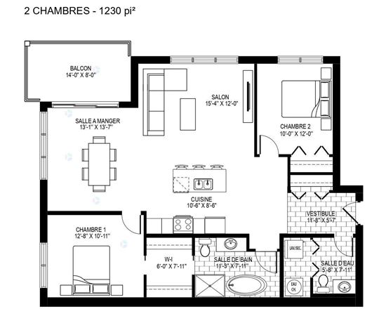 A black and white image of a two bedroom apartment layout.