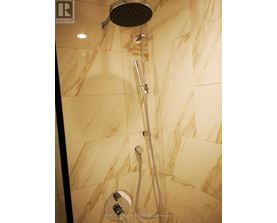A shower head mounted on a wall with a hose attached to it.