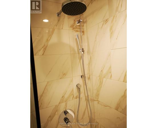 A shower head mounted on a wall with a hose attached to it.