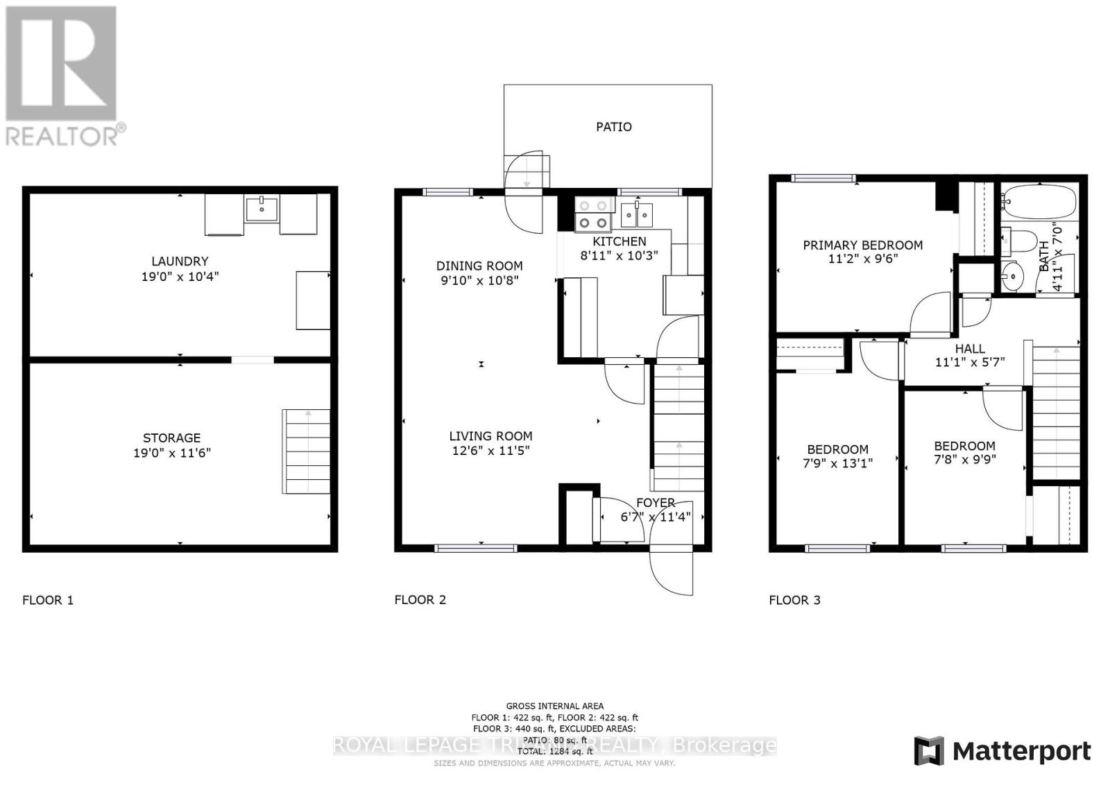 A floor plan for a home with three bedrooms and a living area.