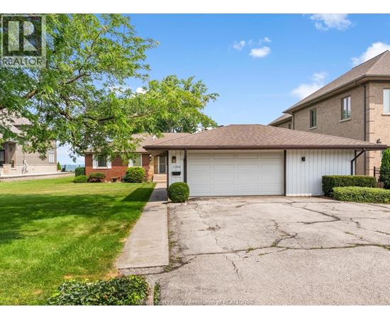 A house with a garage and a tree in front.