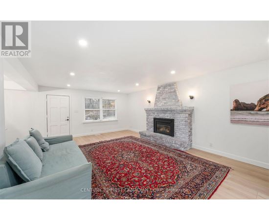 A living room with a grey couch and a red rug.
