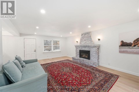 A living room with a grey couch and a red rug.