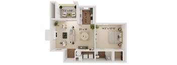 A 3D floor plan of a small apartment with a living room, kitchen, and bathroom.