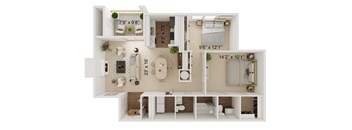 A floor plan of a small apartment with a kitchen, living room, and bathroom.