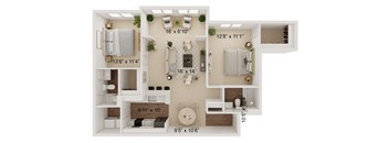 A floor plan of a small apartment with a kitchen, living room, and bathroom.