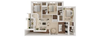 A 3D floor plan of a house with labeled dimensions.