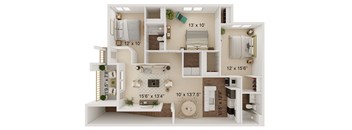 A 13x10 inch room with a 10x13.75 inch bed and a 15x13 inch couch.