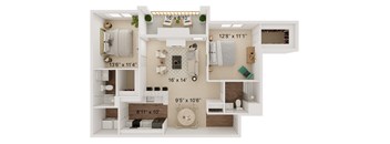 A floor plan of a small apartment with a kitchen, living room, and bathroom.