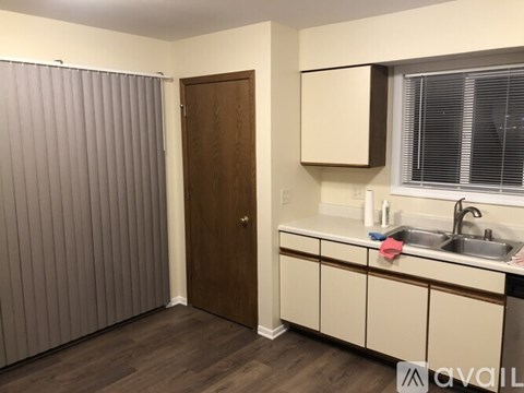 A small kitchen with a sink and a brown door.