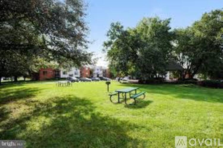 A green picnic table sits in a grassy park.