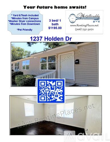 A real estate advertisement for a 3 bedroom home rental at 1237 Holden Dr.