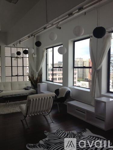 A living room with a zebra print rug and a white sofa.