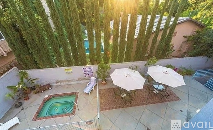 A sunny backyard with a pool, patio furniture, and a hedge.