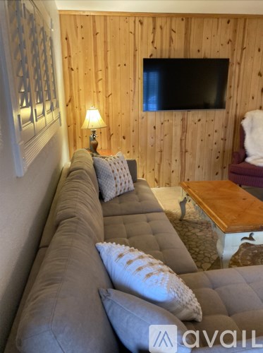 A living room with a grey couch and a wooden wall.