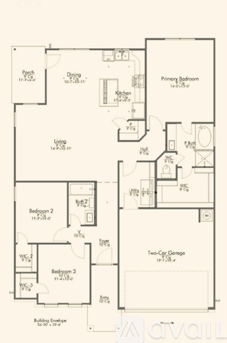 A floor plan of a house with labeled rooms such as a primary bedroom, two bedrooms, a dining room, and a two-car garage.