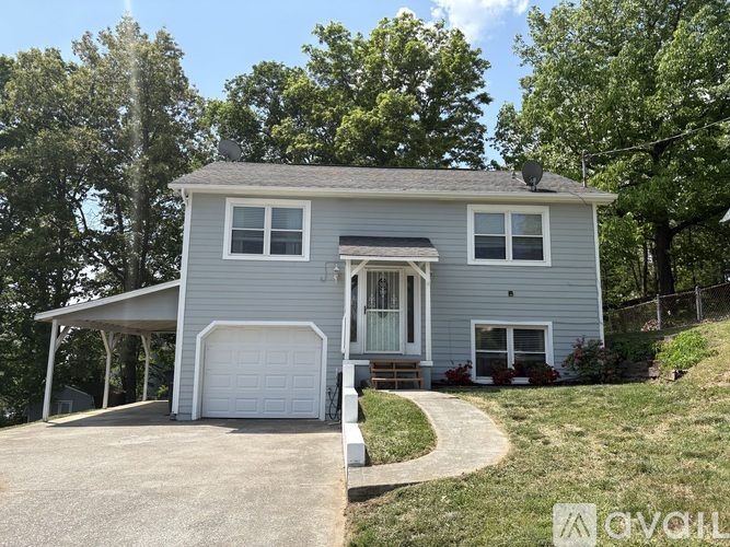 A house with a grey roof and white garage door.