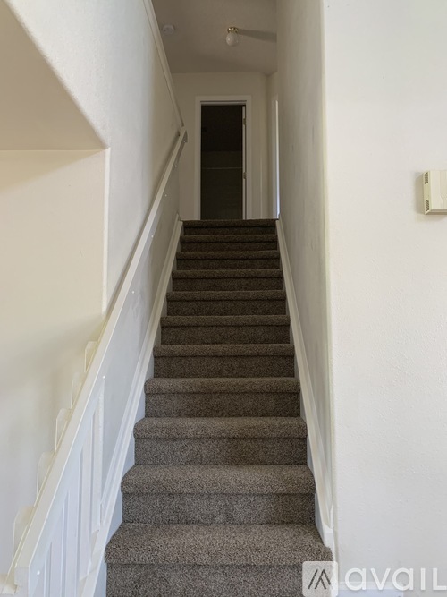 A staircase with a carpeted runner and white balustrade.