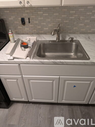 A kitchen with a sink and cabinets.