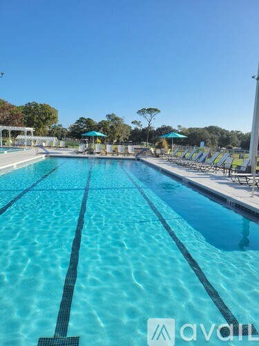 A large outdoor swimming pool with lane dividers and sun loungers.