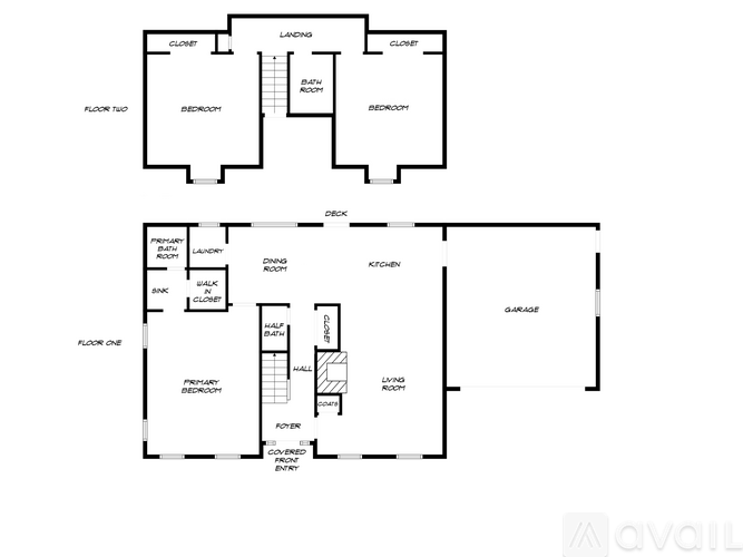 A floor plan of a house with two bedrooms and a garage.
