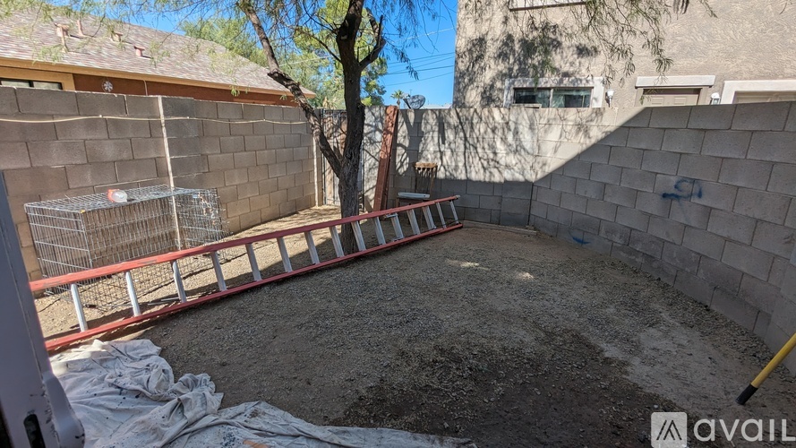 A backyard with a fence and a tree.