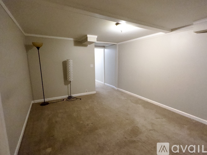 A room with a carpeted floor, a floor lamp, and a white wall.