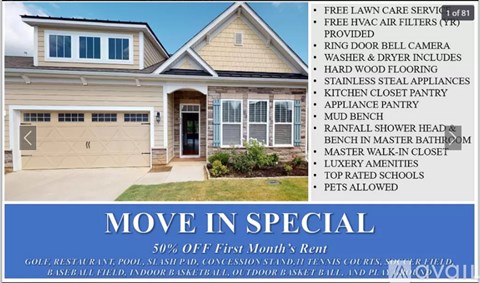 A house with a blue sky in the background and a list of amenities offered with the house.