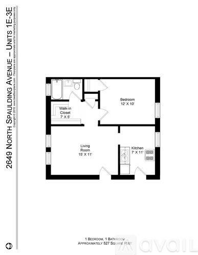 A floor plan for a 1-bedroom, 1-bathroom apartment at 2649 North Spaulding Avenue.