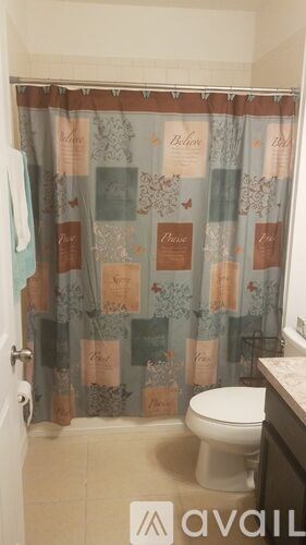 A bathroom with a shower curtain that has the word "Ball" on it.