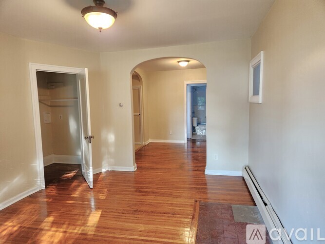 A room with wood flooring and a ceiling light.